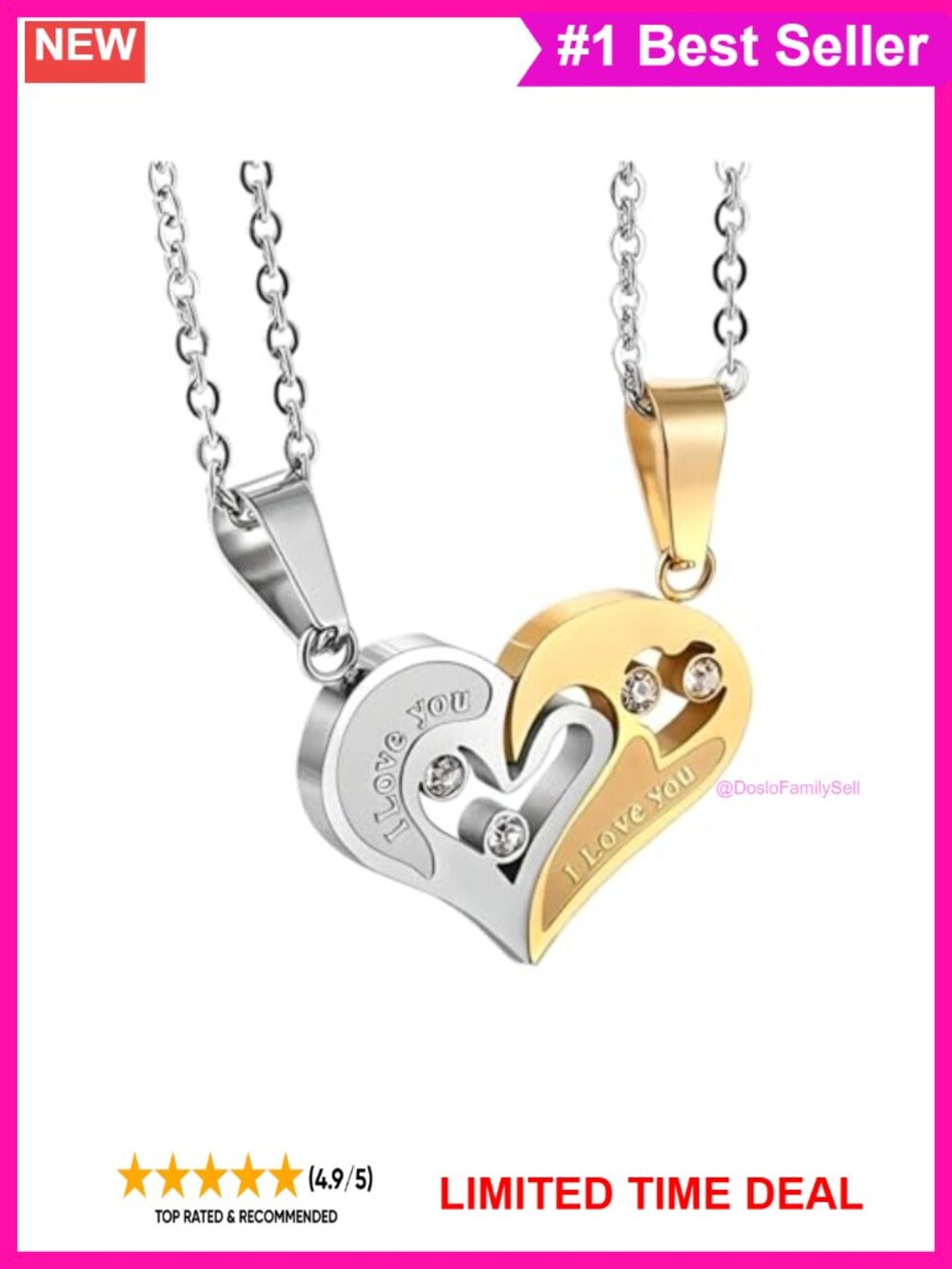 925 Sterling Silver Half Heart Couple Necklace CZ Matching Promise Set